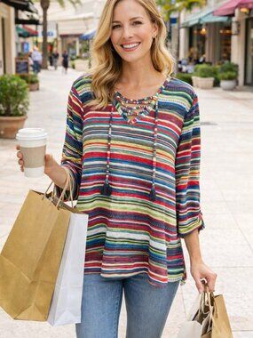 MULTIPLES Colorful Boho Lace‑Up Tunic top Size XL